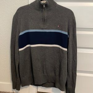 Tommy Hilfiger zip up -  dark grey with light blue, blue, and white stripes